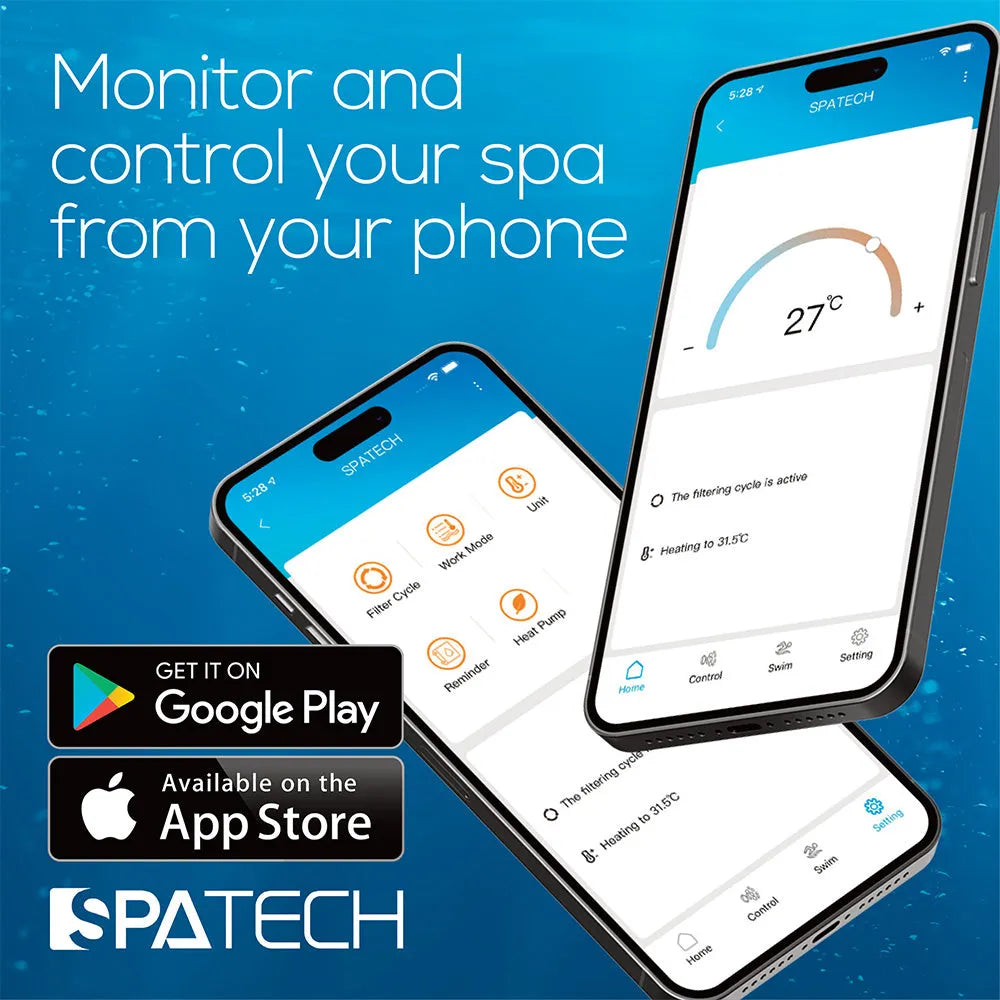 An advertisement for the Oasis Spas Oasis Riptide - Easy Life Pro 8.0 with Inverter Swim Spa app shows two smartphones displaying the intuitive app interface for monitoring and controlling a spa. The text reads, "Monitor and control your spa from your phone." Google Play and App Store download icons are shown.