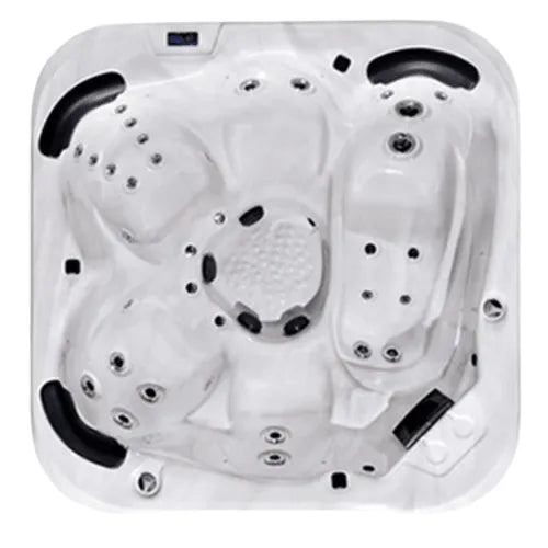 Top view of the Sun & Soul SOUL500™ hot tub reveals a white, square-shaped design with internal seating and multiple jet placements. Rounded corners and black headrests at each position enhance comfort, making it perfect for relaxation and socialising. The budget high quality Sun & Soul SOUL500™ hot tub features various tactile indentations for added comfort.