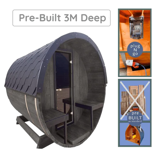 A circular, pre-built Sunbeach Spas Woodpecker 3M Lux Barrel Sauna crafted from alder wood with a small door and benches inside. Accompanying images show an electric heater plug for easy connection and a 'no assembly' symbol indicating it's ready to use. The structure features dark wood and a shingled roof.