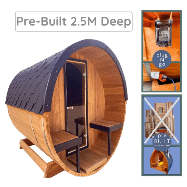 Image of a wooden, barrel-shaped sauna cabin with a small porch and ergonomic design bench outside. Text reads "Woodpecker 2.5M Lux Outdoor Barrel Sauna (Pre-Built)." Three smaller images show plug setup and pre-built label. The exterior has a dark shingled roof and is placed on a wooden base with alder wood benches inside.

Brand Name: Sunbeach Spas