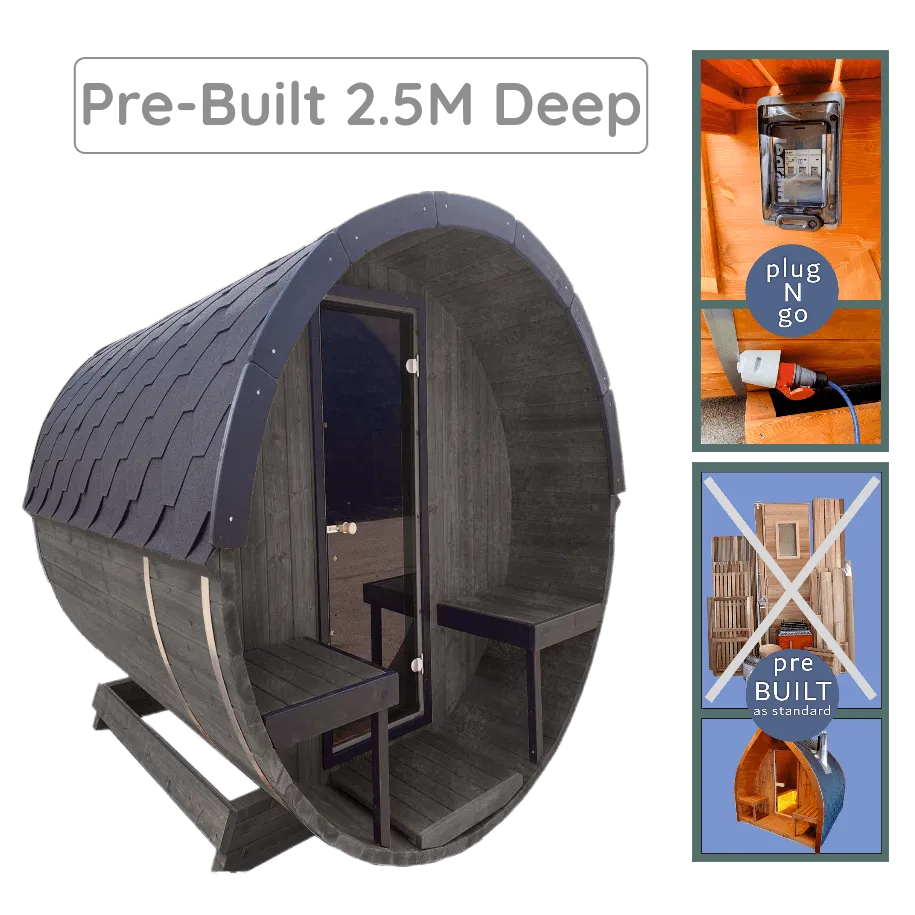 A black Sunbeach Spas Woodpecker 2.5M Lux Outdoor Barrel Sauna (Pre-Built) is shown. The main image highlights the entrance and interior seating with Alder Wood Benches. To the right are images depicting the plug-and-go feature, a close-up of electrical equipment, and a contrasting non-pre-built option, emphasizing convenience.
