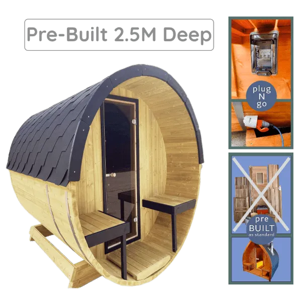 Image of a Sunbeach Spas Woodpecker 2.5M Lux Outdoor Barrel Sauna (Pre-Built) with a wooden exterior and shingled roof. Adjacent images show the plug-and-go feature, a heater, alder wood benches, and assembly instructions, emphasizing simple setup and ergonomic design.