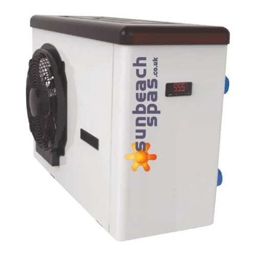 A Hot Tub Liverpool Sunbeach Spas Heat Source Pump 4.7KW is shown with a black top and front cooling fan, designed to minimize hot tub running costs. The branding "Sunbeach Spas" with a sun icon is on the side, and a digital display reading "55.5" is visible on the front. The pump is white with blue fittings on the back and offers anti-freeze protection.