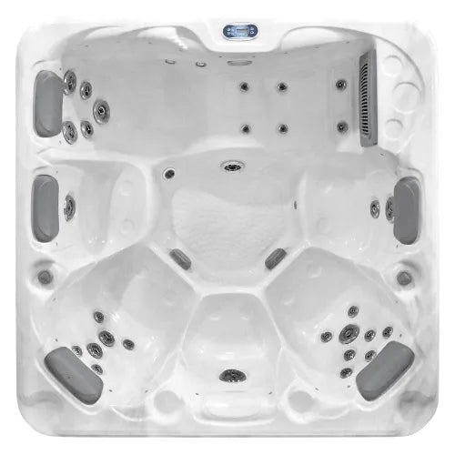 Top view of a white, square **Sunbeach Spas - SB349L - Standard - (13 Amp)** with multiple seating positions, jet configurations, and a Balboa TP500S Control Panel in the upper center. The hot tub features ergonomic shapes for comfort and various jets, all set within a smooth USA Aristech Acrylic Shell by **Hot Tub Liverpool**.