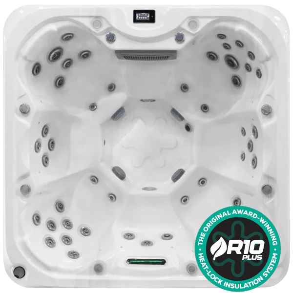 Top-down view of a large, white outdoor hot tub with multiple seats, numerous water jets, and a small touch screen keypad display panel. There is a green and white "Sunbeach Spas - SB377S-B- PRO LIGHT (32Amp)" logo in the bottom right corner from Hot Tub Liverpool.