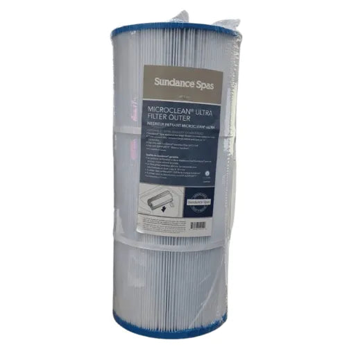 Image of a Sundance Spas Sundance Filters - 880 Series MicroClean Ultra Filter Outer. The cylindrical filter is white with blue ends and is wrapped in clear plastic packaging. A label with product details and instructions is visible in the center, making it an essential hot tub accessory for any spa enthusiast.