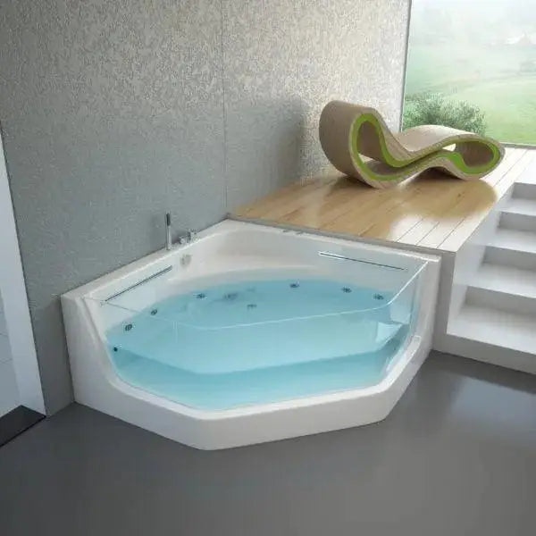 Modern bathroom with a sunken, angular glass-walled Tuscany Whirlpool Jacuzzi Spa Bath by Superior Spas filled with water. The tub is built into a wooden platform, which leads to small white stairs. An S-shaped lounge chair with green accents is on the platform. A large window offers a scenic view.