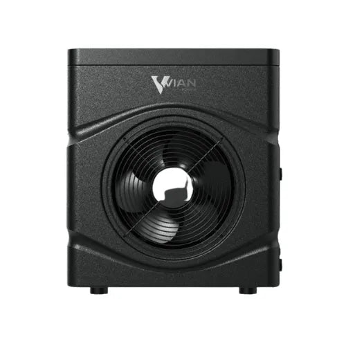 An image of the black, box-shaped Vian Power C5 Heat Pump - HP-VP500 device with the brand name "Hot Tub Liverpool" on the front. It features a large circular vent in the center, likely for cooling or sound output. The design is sleek and modern, with a minimalist aesthetic—perfect for integrating into your hot tub setup.