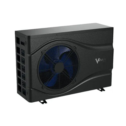 A black rectangular Vian Power S7 Plus Heat Pump - HP-VP700 from Hot Tub Liverpool with a large circular fan in the center and ventilation grids on the side. The brand logo "Vian" is visible on the right side of the unit, which features a sleek, slightly curved surface. Ideal for swim spa heating, it incorporates advanced DC inverter technology.