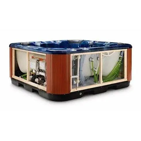 A medium-sized hot tub with a blue interior and a partially visible internal structure, including cables, tubes, and compartments for the Winter Shutdown Service by Hot Tub Liverpool, is shown without its exterior panels. The hot tub is placed against a plain white background.